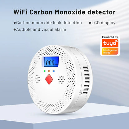 Detector Inteligent de Fum si Monoxid de Carbon, Smart WIFI, Alerta pe Telefon, Avertizare Sonora, Alarmă 70dB, Afisaj Digital LCD, Compatibil cu Aplicatia Tuya si Smart Life