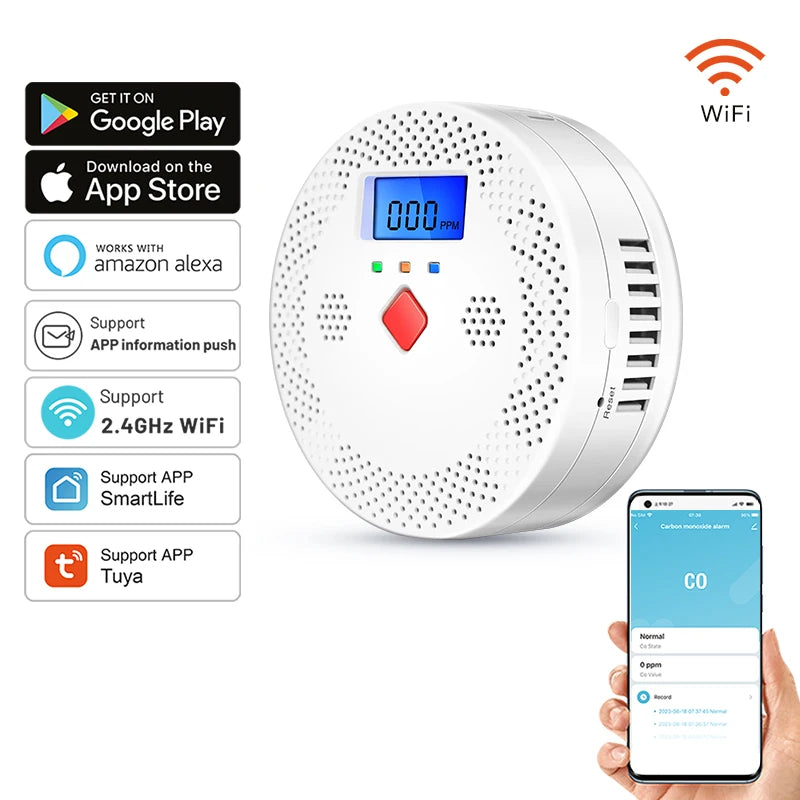 Detector Inteligent de Fum si Monoxid de Carbon, Smart WIFI, Alerta pe Telefon, Avertizare Sonora, Alarmă 70dB, Afisaj Digital LCD, Compatibil cu Aplicatia Tuya si Smart Life