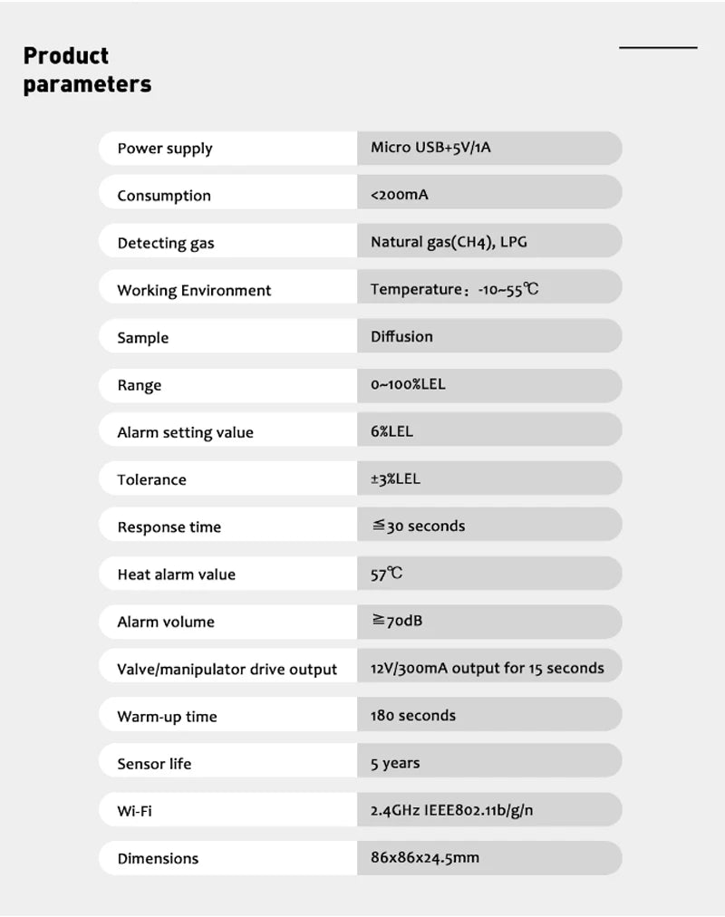 Senzor Detector de Gaz, Wireless, Smart, pentru Detectarea Scurgerilor de Gaze, Compatibil cu Aplicatia Tuya si Smart Life, Alerta pe Telefon, Semnal Luminos si Acustic, Display LCD