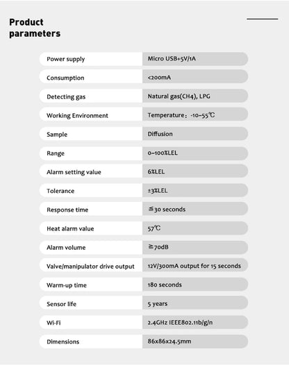 Senzor Detector de Gaz, Wireless, Smart, pentru Detectarea Scurgerilor de Gaze, Compatibil cu Aplicatia Tuya si Smart Life, Alerta pe Telefon, Semnal Luminos si Acustic, Display LCD