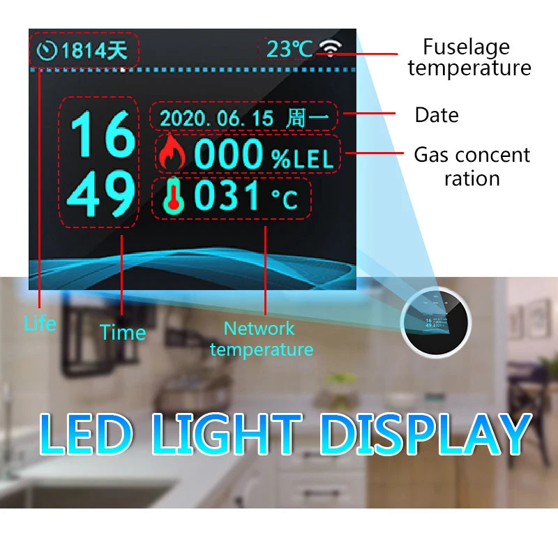 Senzor Detector de Gaz, Wireless, Smart, pentru Detectarea Scurgerilor de Gaze, Compatibil cu Aplicatia Tuya si Smart Life, Alerta pe Telefon, Semnal Luminos si Acustic, Display LCD