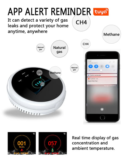 Senzor Detector de Gaz, Wireless, Smart, pentru Detectarea Scurgerilor de Gaze, Compatibil cu Aplicatia Tuya si Smart Life, Alerta pe Telefon, Semnal Luminos si Acustic, Display LCD