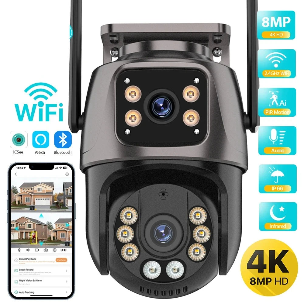 Camera de Supraveghere, Interior/Exterior, Dual Lens & Screen, Wi-Fi, Ultra HD, 4 MP/8 MP, Vedere Nocturna, Rezistenta la Apa, Detectare Miscare, Urmarire Automata, Comunicare Bidirectionala - ZeltriZ