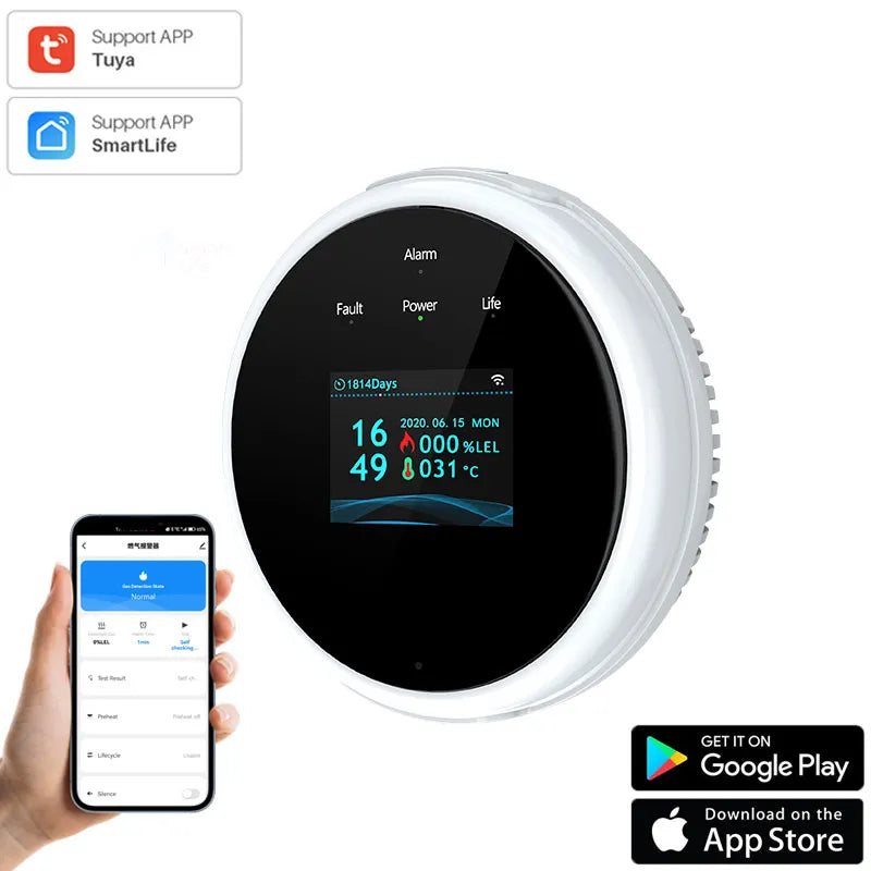 Senzor Detector de Gaz, Wireless, Smart, pentru Detectarea Scurgerilor de Gaze, Compatibil cu Aplicatia Tuya si Smart Life, Alerta pe Telefon, Semnal Luminos si Acustic, Display LCD