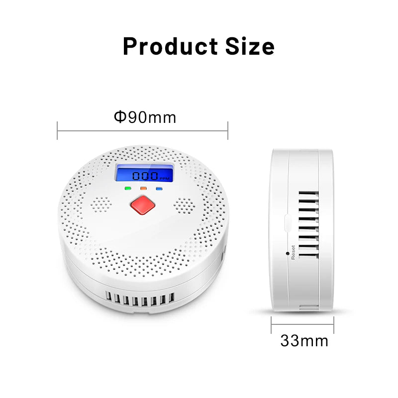 Detector Inteligent de Fum si Monoxid de Carbon, Smart WIFI, Alerta pe Telefon, Avertizare Sonora, Alarmă 70dB, Afisaj Digital LCD, Compatibil cu Aplicatia Tuya si Smart Life